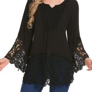 SoTeer V Neck Loose Top Flare Sleeve Lace Splice Blouse